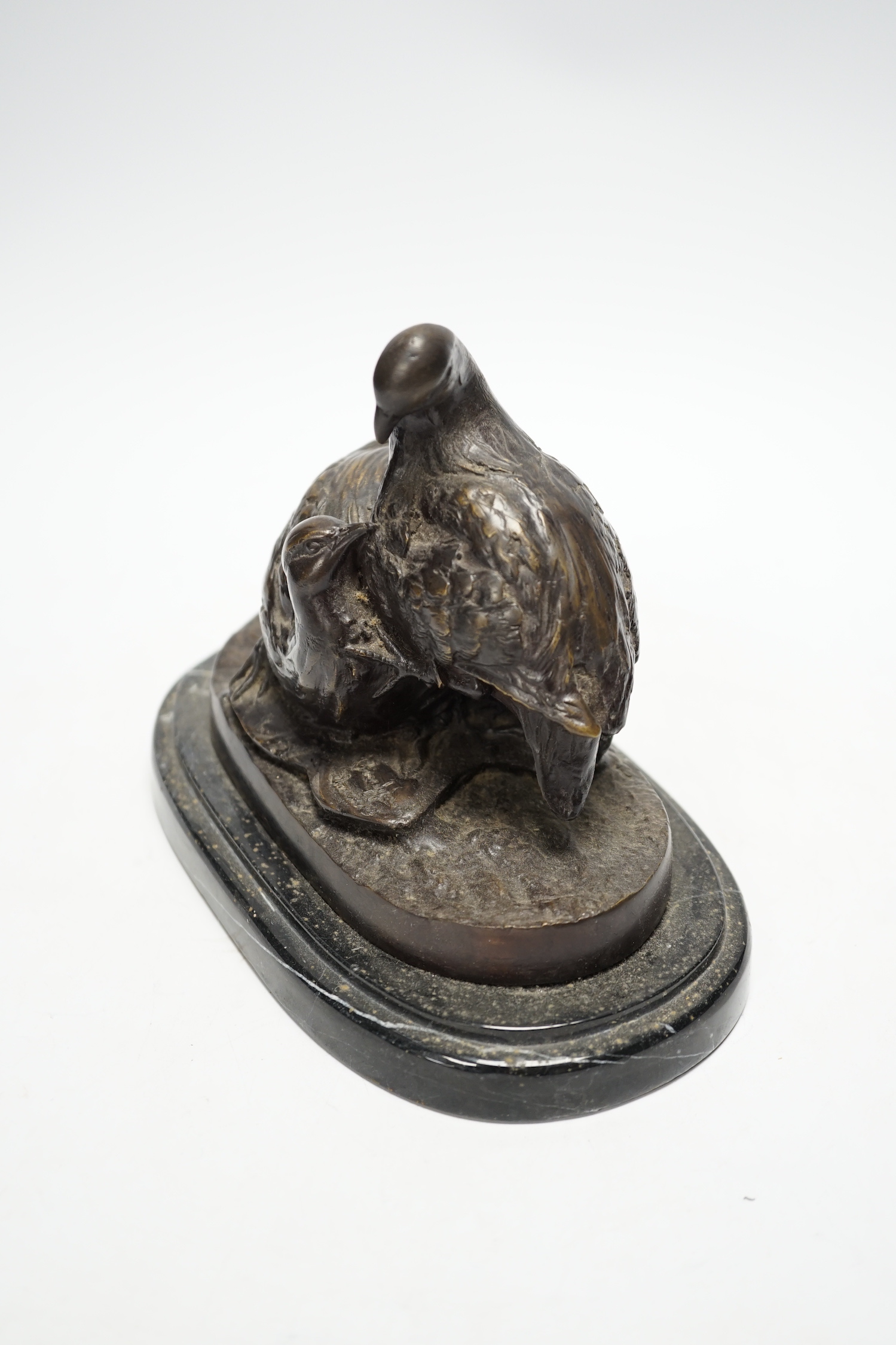 After Christopher Fratin (1801-1864) a bronze figure group of partridges, on marble base, 19cm wide